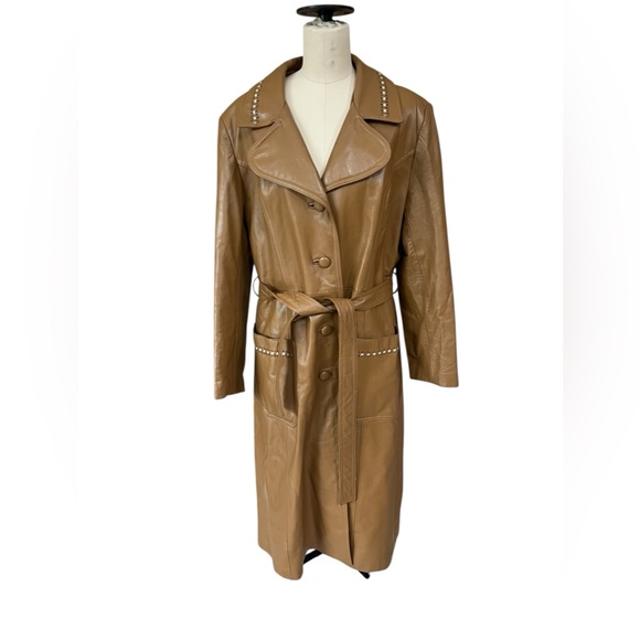 Vintage 70s tan leather trench coat - Picture 1 of 7